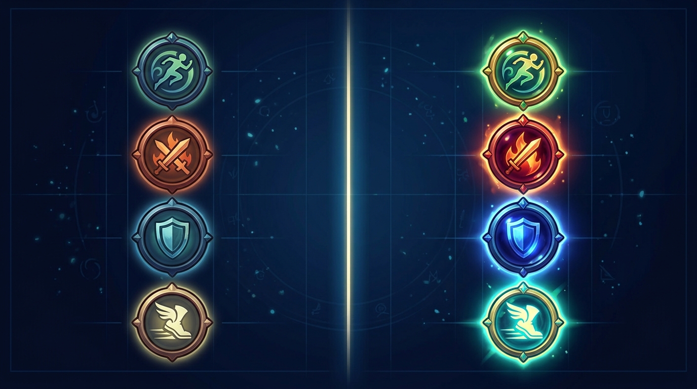 A side-by-side comparison of four glowing buff category icons shown in a fantasy cooking UI, with the left half partially lit and the right half fully filled, separated by a luminous center divider on a dark blue background.