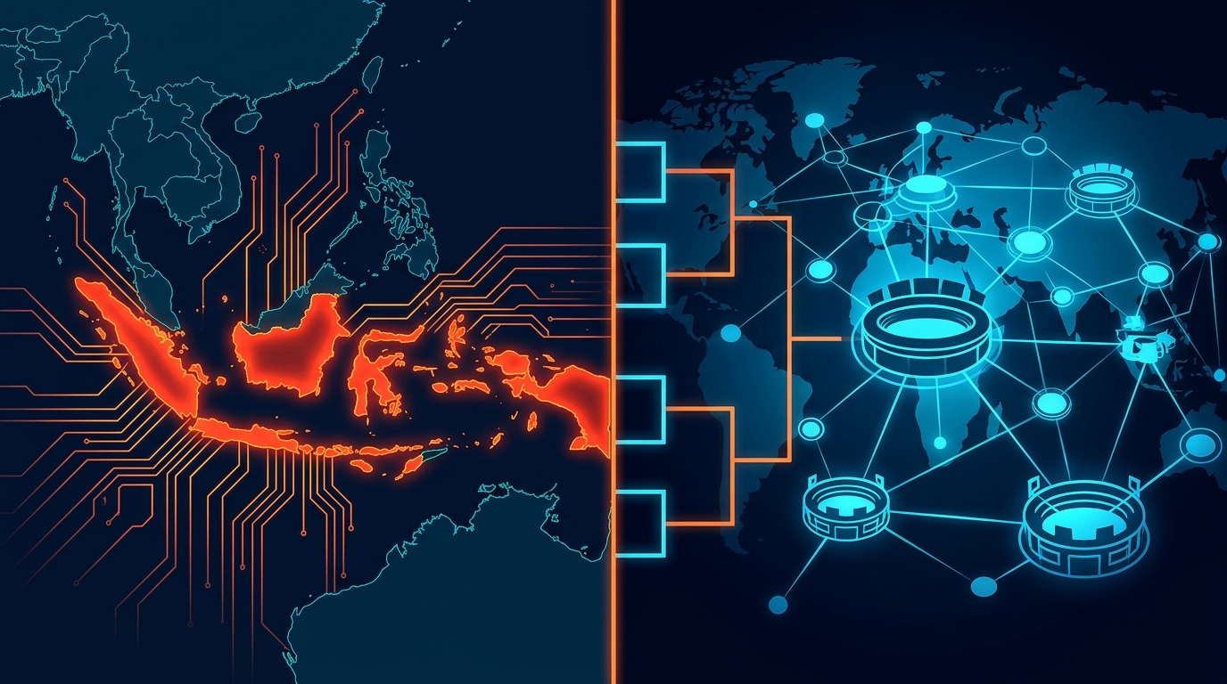 Split editorial illustration showing Indonesia highlighted in orange on the left and a global esports network in blue on the right, connected by a tournament bracket graphic at the center seam.