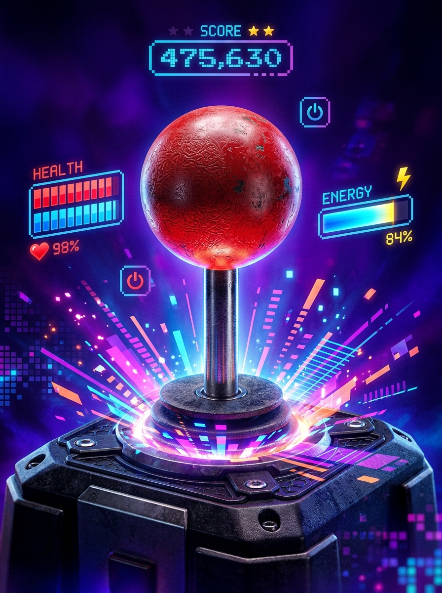 A dramatic close-up of a glowing arcade joystick surrounded by floating HUD resource meters and pixel energy patterns against a deep purple background