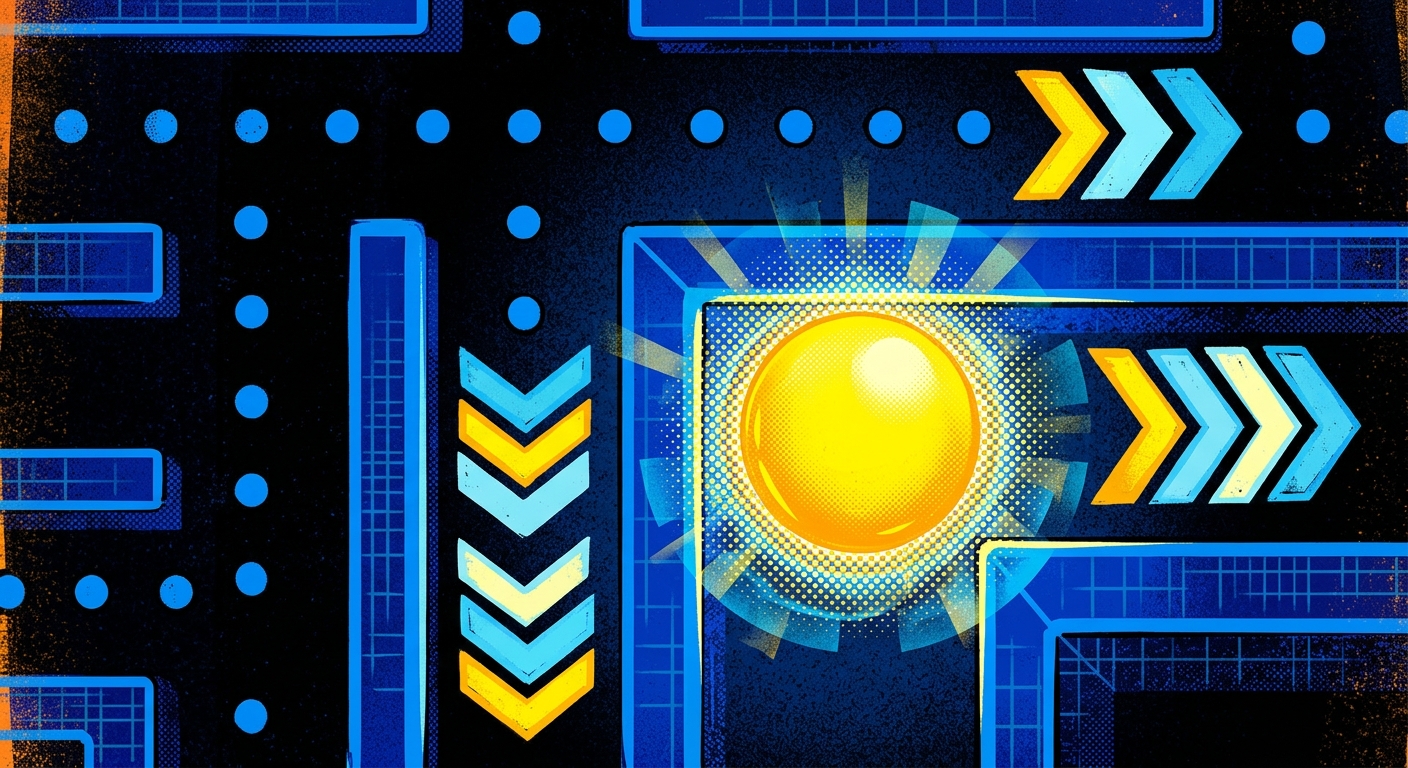 Top-down close-up of a glowing power pellet at a maze corner with directional arrows showing optimal approach vectors