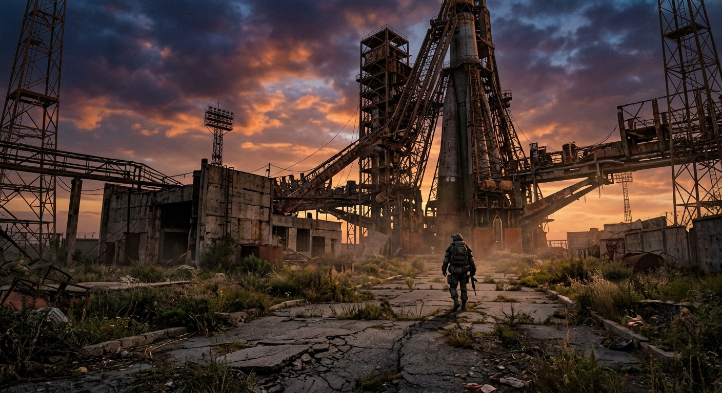 A weathered cosmodrome launch facility at dusk with rusted gantries and cracked concrete, a lone armored figure silhouetted against the dramatic orange sky, evoking a long-abandoned place finally being rediscovered.