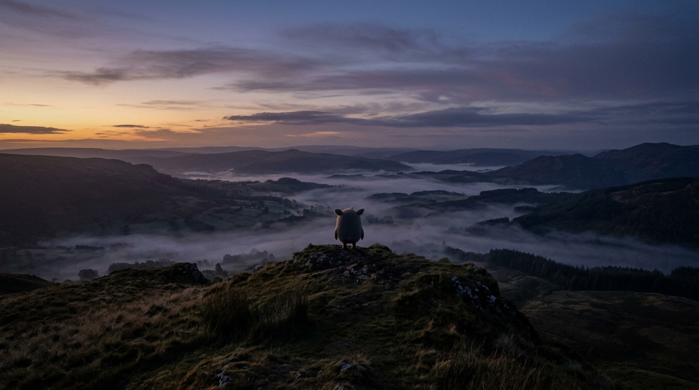 A small round creature silhouette seen from behind stands alone on a vast misty hilltop at dusk, overlooking a wide valley bathed in fading amber and violet light