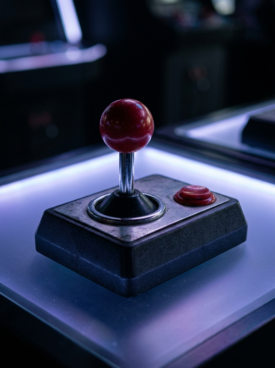 A vintage arcade joystick bathed in cool neon light against a dark minimalist background, symbolizing the tension between nostalgic play and modern digital control