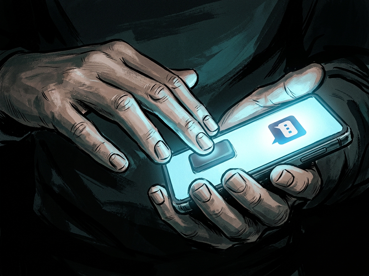 A pair of hands poised over a glowing game screen in a darkened room, the chat panel icon visible but closed in the corner of the light.