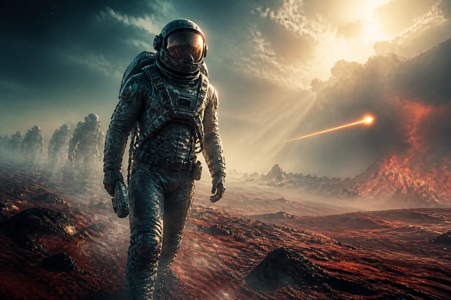 A lone expeditioner in a worn spacesuit strides across a crimson alien plain as bright light breaks through drifting haze, with faint silhouettes of earlier figures fading into the distance.