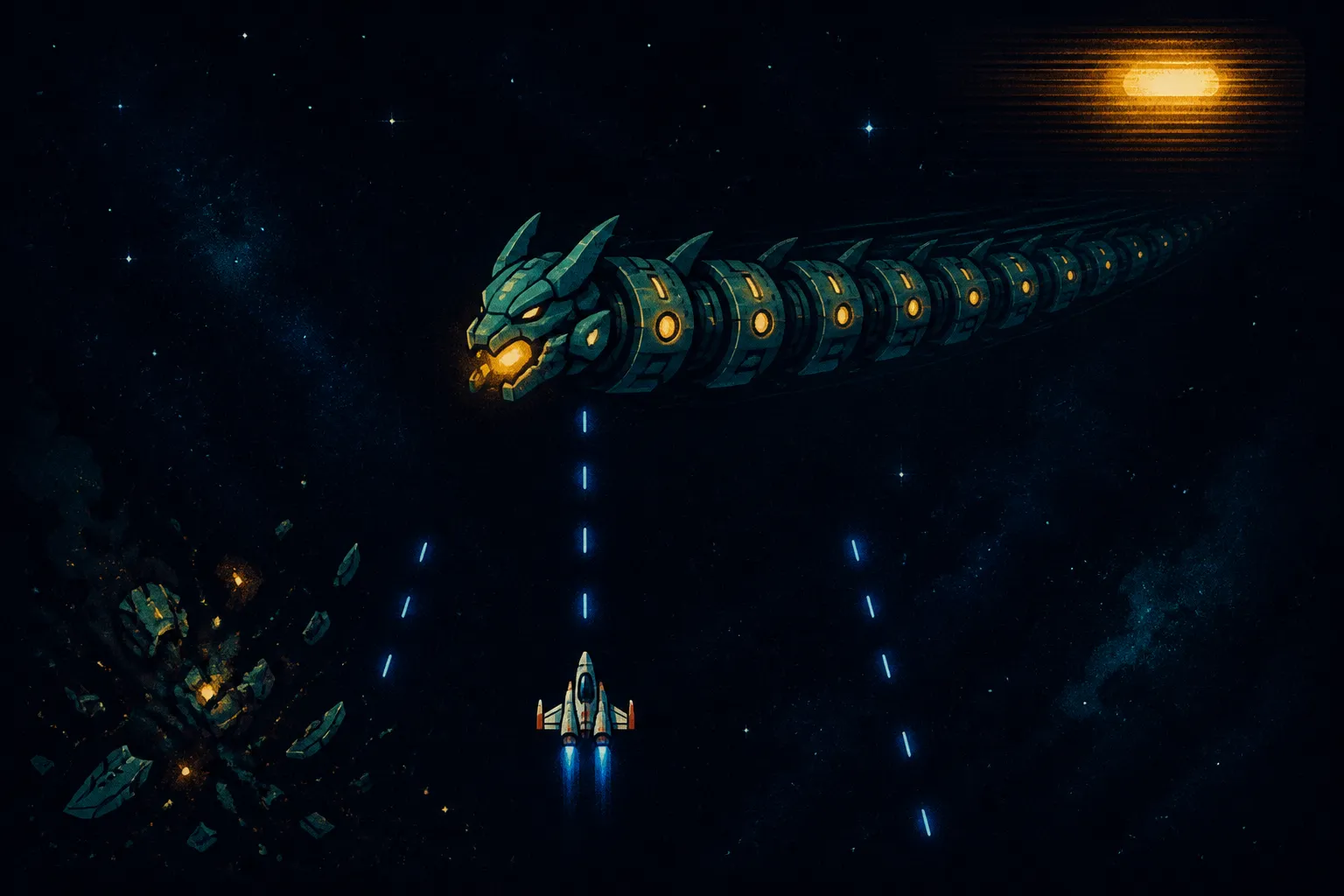 A small ship holds its position while a fast, segmented alien train sweeps across a dark starfield, with an amber glow pulsing in the distance and clear firing lanes open on both sides.