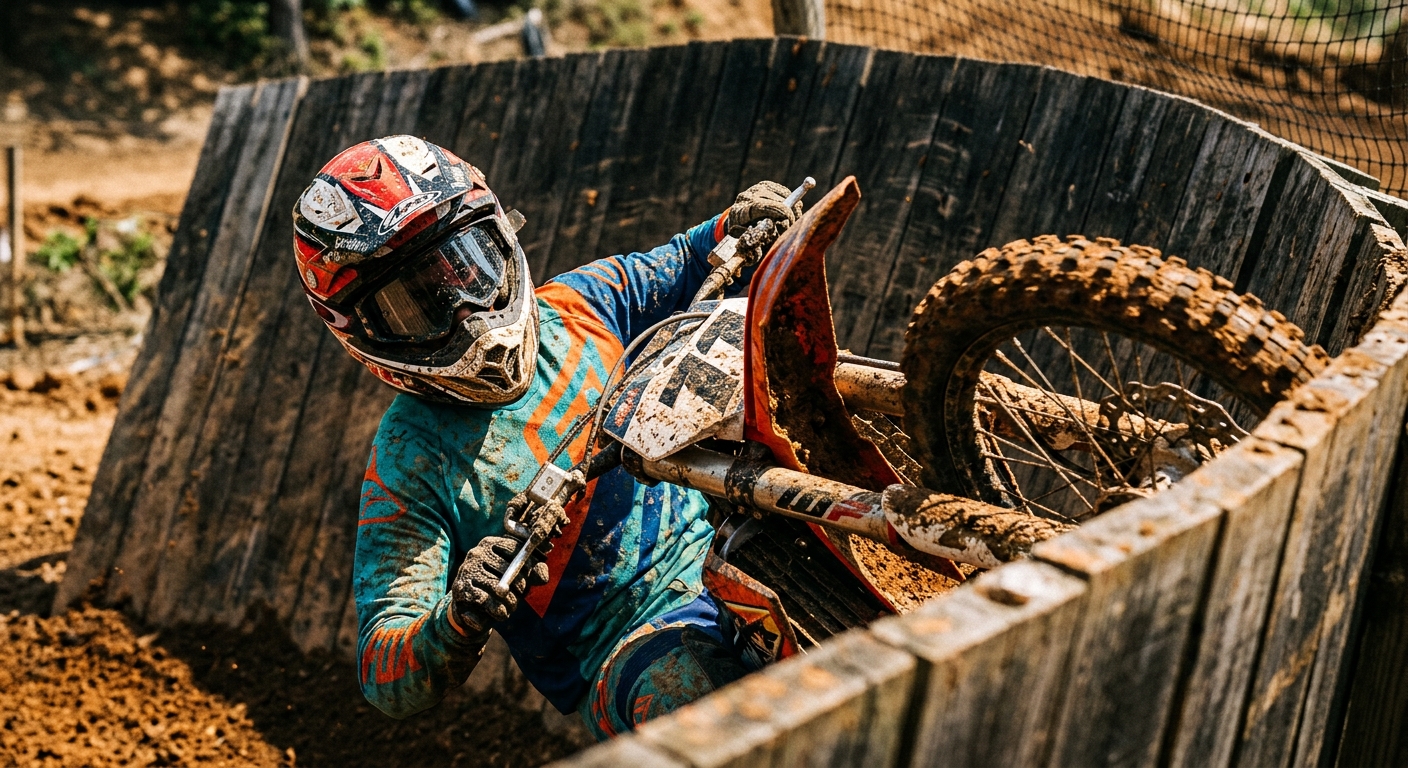 A dirt bike rider executes a wall jump, shot from a tight upward angle with the mud-caked tire dominating the frame against a blurred ramp wall.