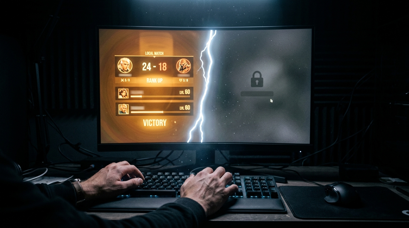 A pair of hands rests on a keyboard bathed in monitor glow as a frozen score on screen splits between a warm local result and a fading grey void, illustrating the moment a high score can either persist online or disappear.