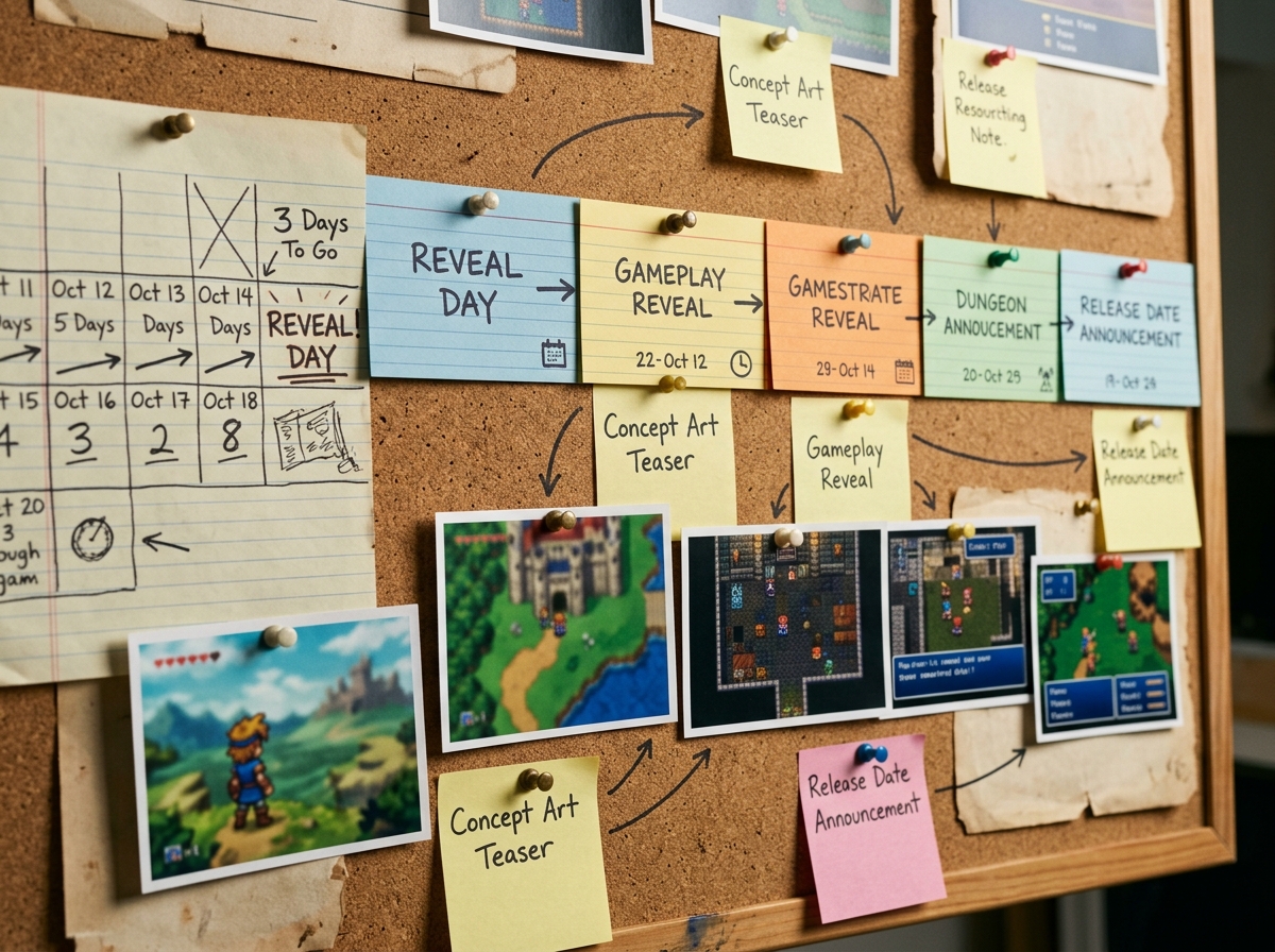 A corkboard covered in overlapping index cards, countdown calendars, and sticky notes mapping out a traditional multi-month game remaster reveal campaign, lit warmly under studio lighting