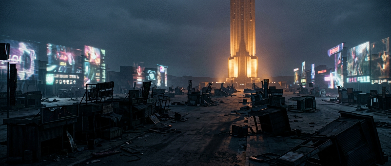 A twilight digital marketplace plaza where one towering illuminated storefront casts long cold shadows over dozens of smaller darkened and toppled studio signs, depicting the market consequence of a dominant surprise release.