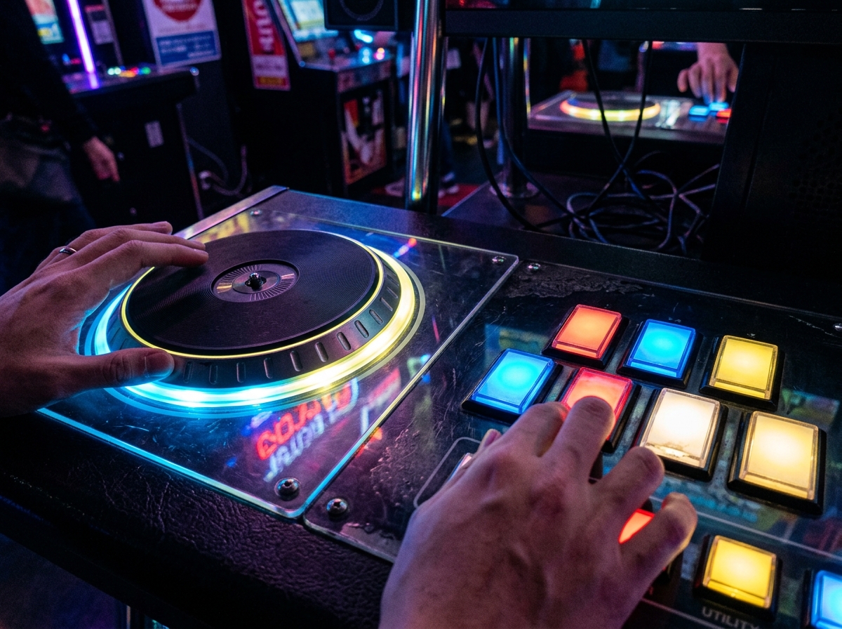 Close-up of a glowing Beatmania arcade cabinet controller with illuminated turntable and colorful backlit keys in a darkened Japanese arcade.