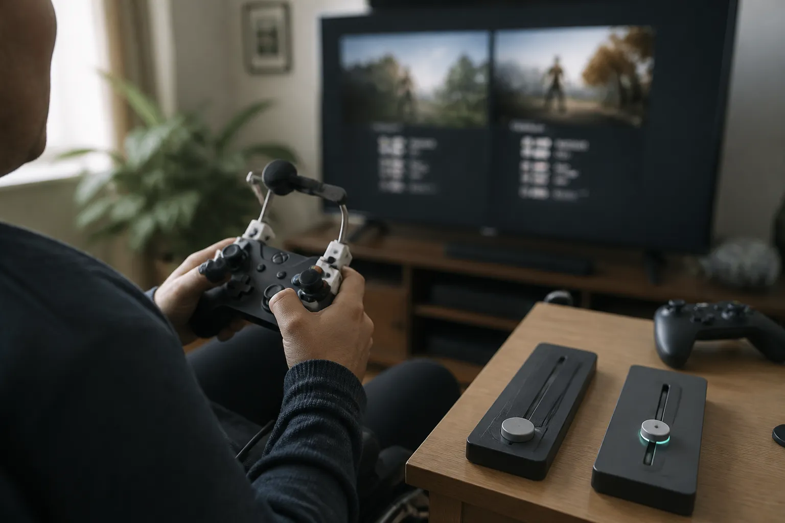 A player at a home setup with adaptive controller accessories and two separate difficulty gauges on a desk, one set low and one set high.