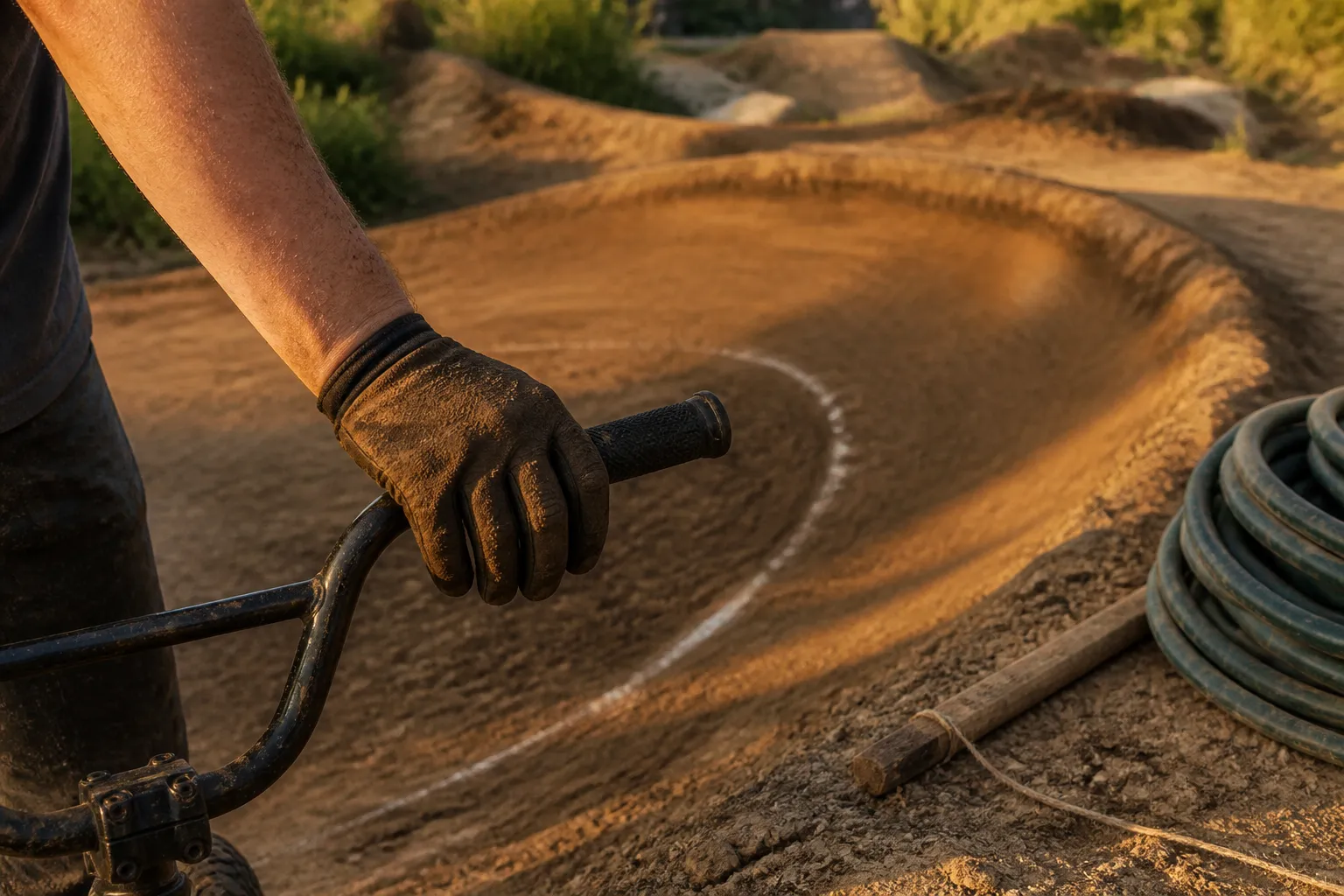 Close view of a gloved hand on a bike grip near packed dirt berms of a backyard pump track, with a hose and stakes marking where the loop will go.