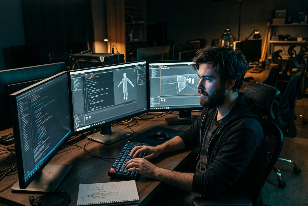 A lone game developer sits in a darkened studio, face lit by glowing monitors displaying code and wireframe models, with empty workstations visible in the background.