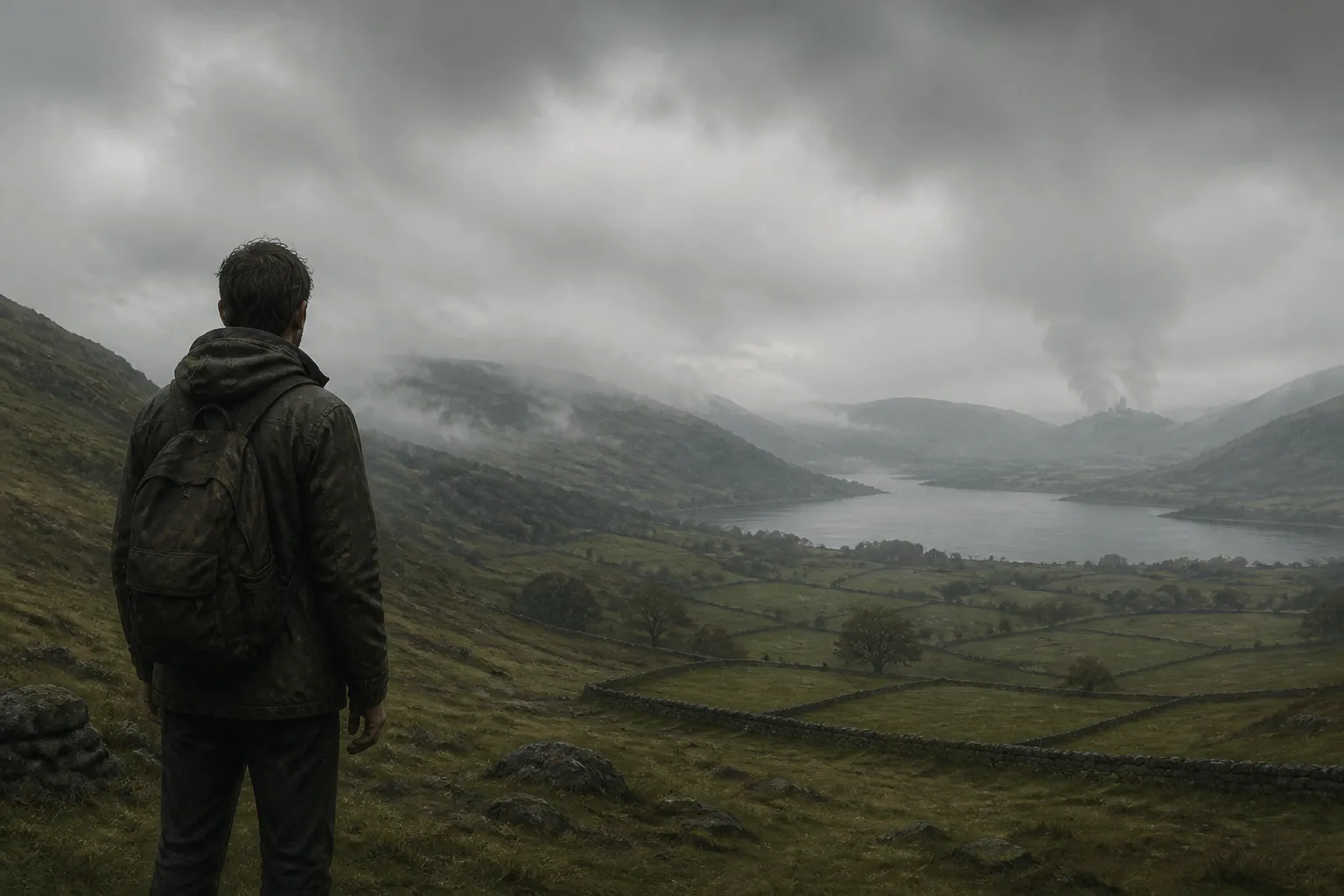 A lone survivor stands on a misty Lake District hillside beneath a grey, hazy sky, overlooking a quiet lake and rolling fells in a muted, post-apocalyptic landscape.