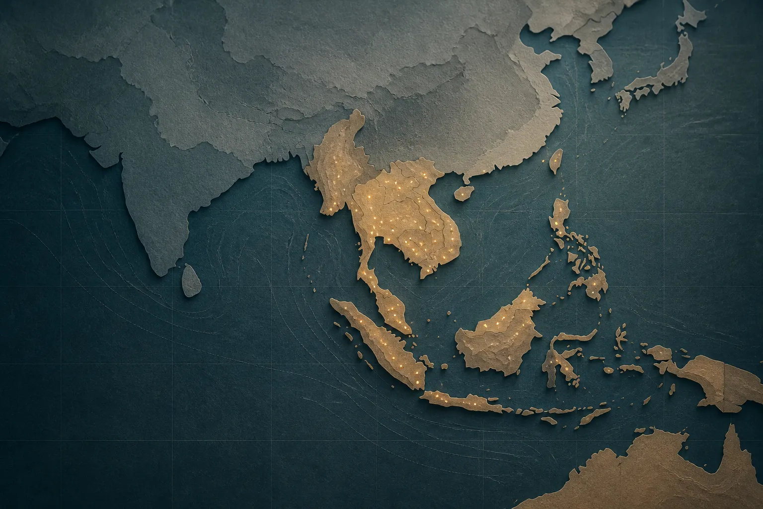 Muted wide texture map with amber-lit regions set against cool grey-blue surroundings, a quiet abstract visual used as a chapter break.