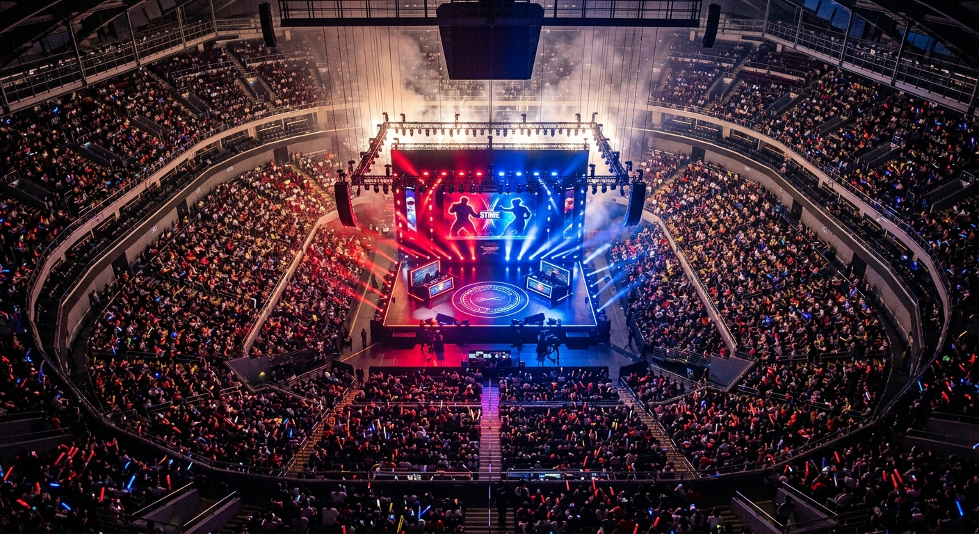 Aerial view of a packed indoor arena surrounding a dramatically lit fighting game competition stage, thousands of spectators filling the venue as beam lights cut through haze above the central stage floor