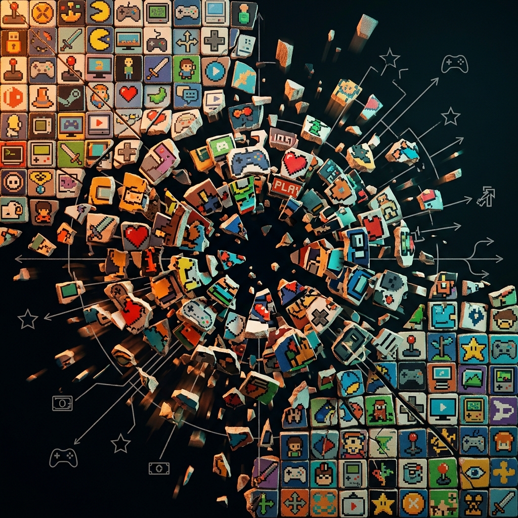 A fragmenting mosaic of colorful game controller and screen icons shattering outward, with faint schematic lines suggesting branching revenue paths, representing the crisis facing independent game studios.