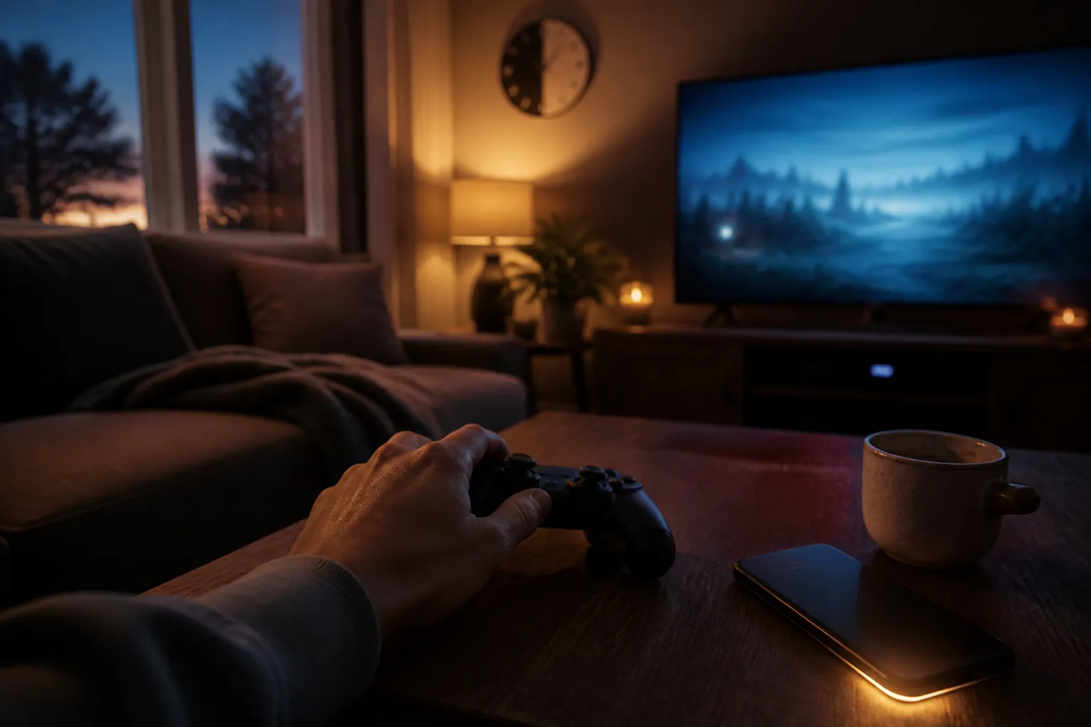 A controller rests on a coffee table in a warm living room while a phone sits quiet nearby, suggesting a player with a short window of time picking an easy game to start.
