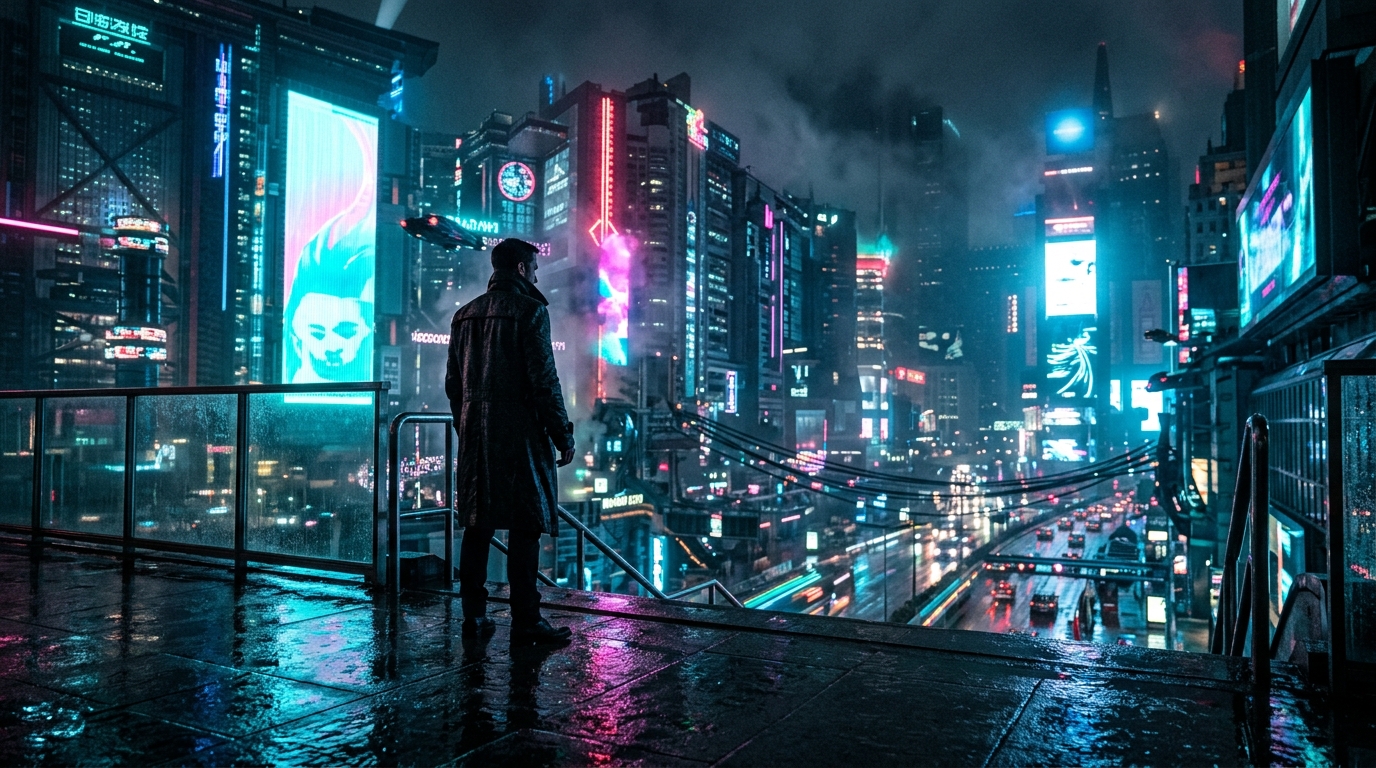 A solitary figure in a dark trenchcoat stands before a vast rain-soaked cyberpunk city at night, neon holograms casting vivid reflections across wet streets below towering skyscrapers.