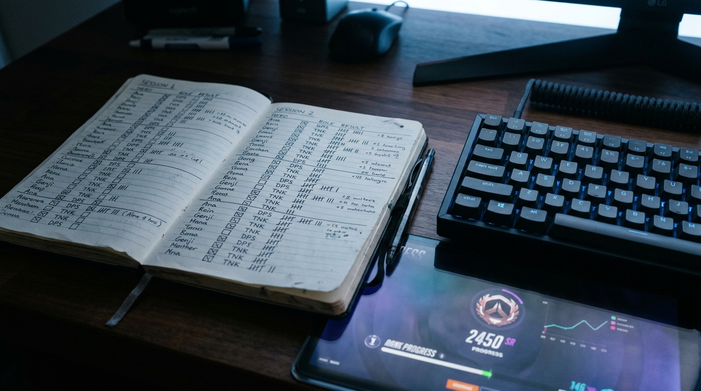 A handwritten draft-tracking notebook beside a mechanical keyboard under cool monitor glow, with a faint rank screen reflection on the dark desk surface below