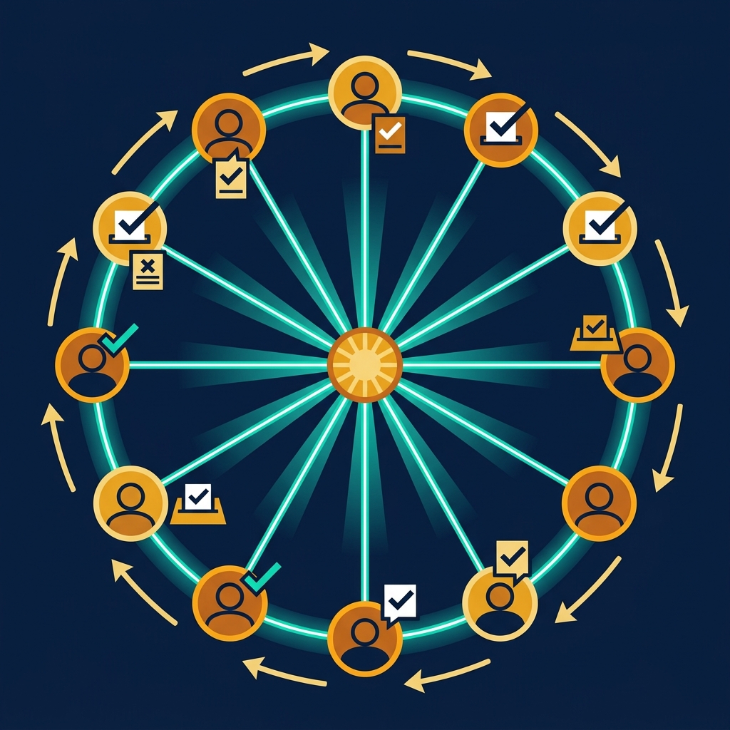Abstract circular diagram illustrating a worker cooperative model with interconnected equal nodes representing shared ownership, democratic decision-making, and distributed profit flow among all members.