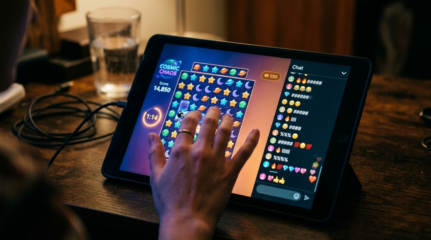 A game screen mid-round with the chat panel open, an observer count glowing beside the playfield, and a hesitant hand hovering above the display in a dim room