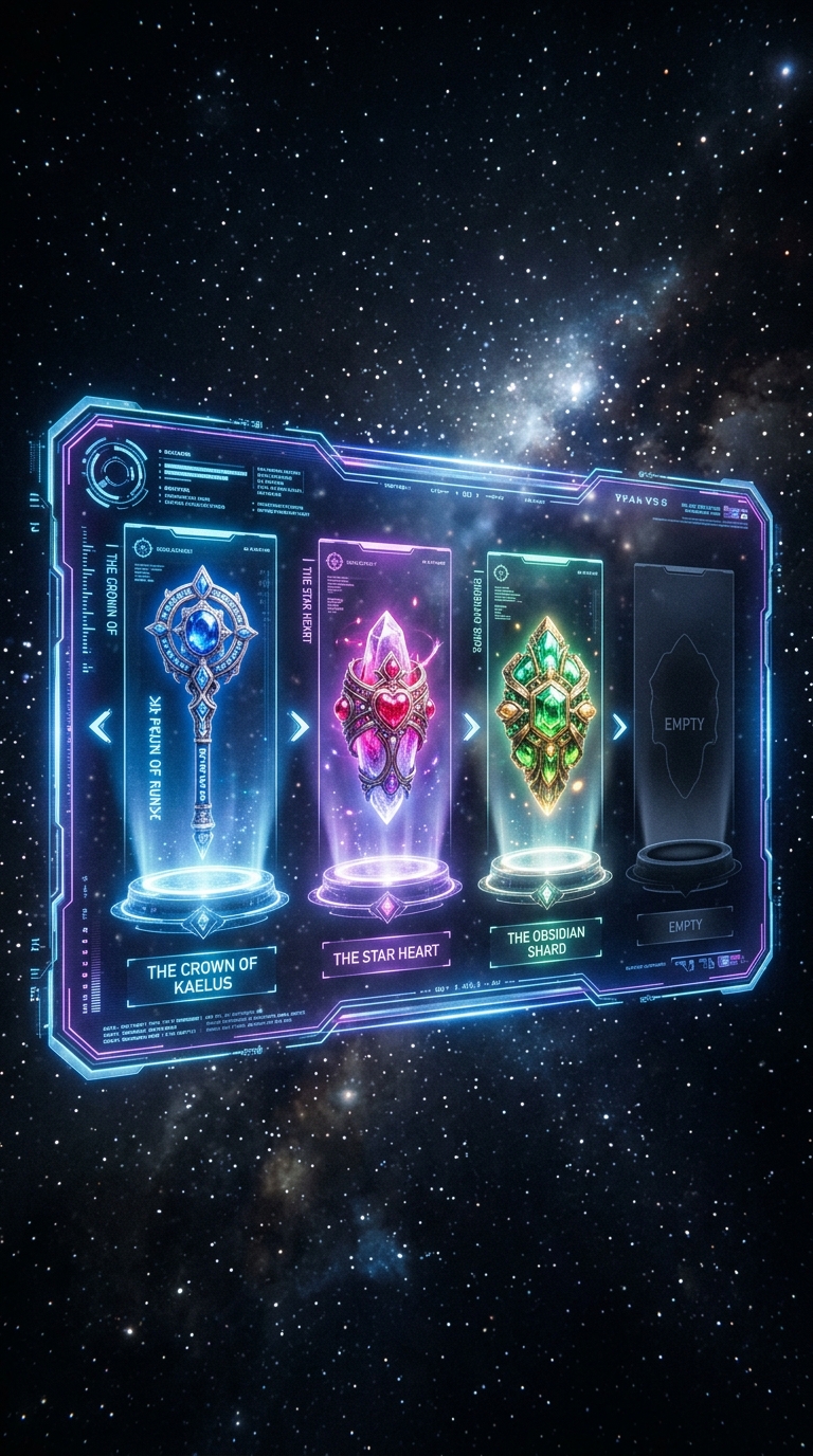 A glowing artifact selection screen with three illuminated relics on display and one slot left deliberately dark and empty