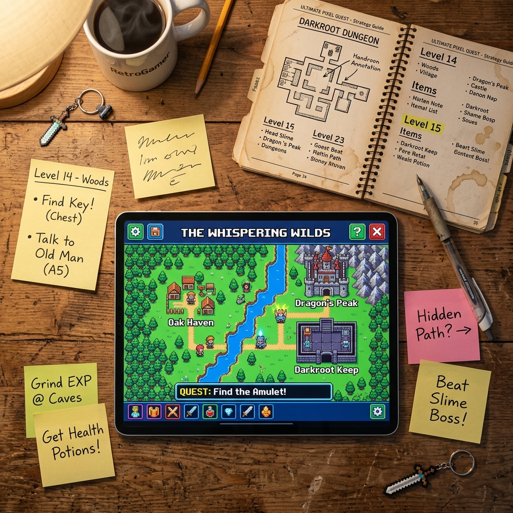 Tablet with digital game guide surrounded by handwritten notes and a vintage printed gaming guidebook on a wooden desk