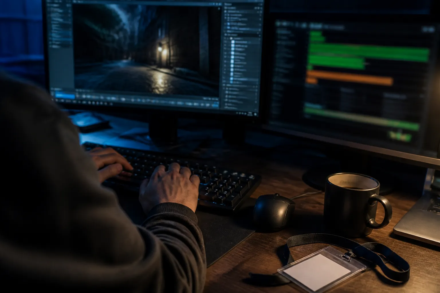 Close view over a developer's shoulder at a dim desk at night, hands resting on a keyboard while a monitor shows a blurred status dashboard. The mood is quiet and tense.