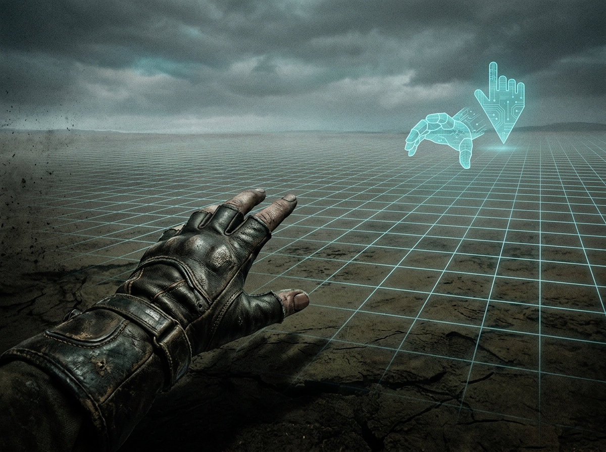 A gloved hand reaches across an endless glowing grid landscape toward a distant cursor icon, the vast empty space between them evoking isolation rather than freedom
