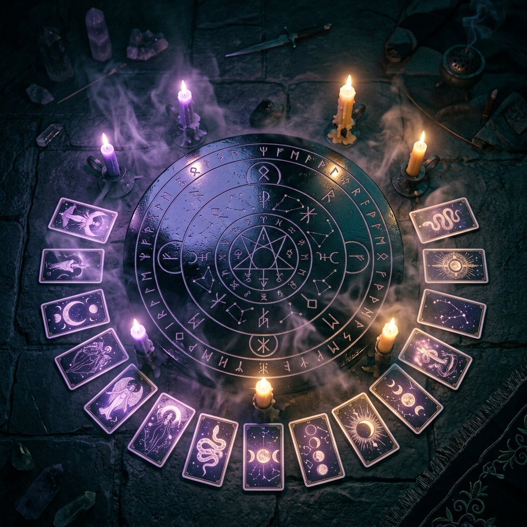 Glowing arcane cards arranged on a dark ritual altar lit by violet candlelight with mystic sigils