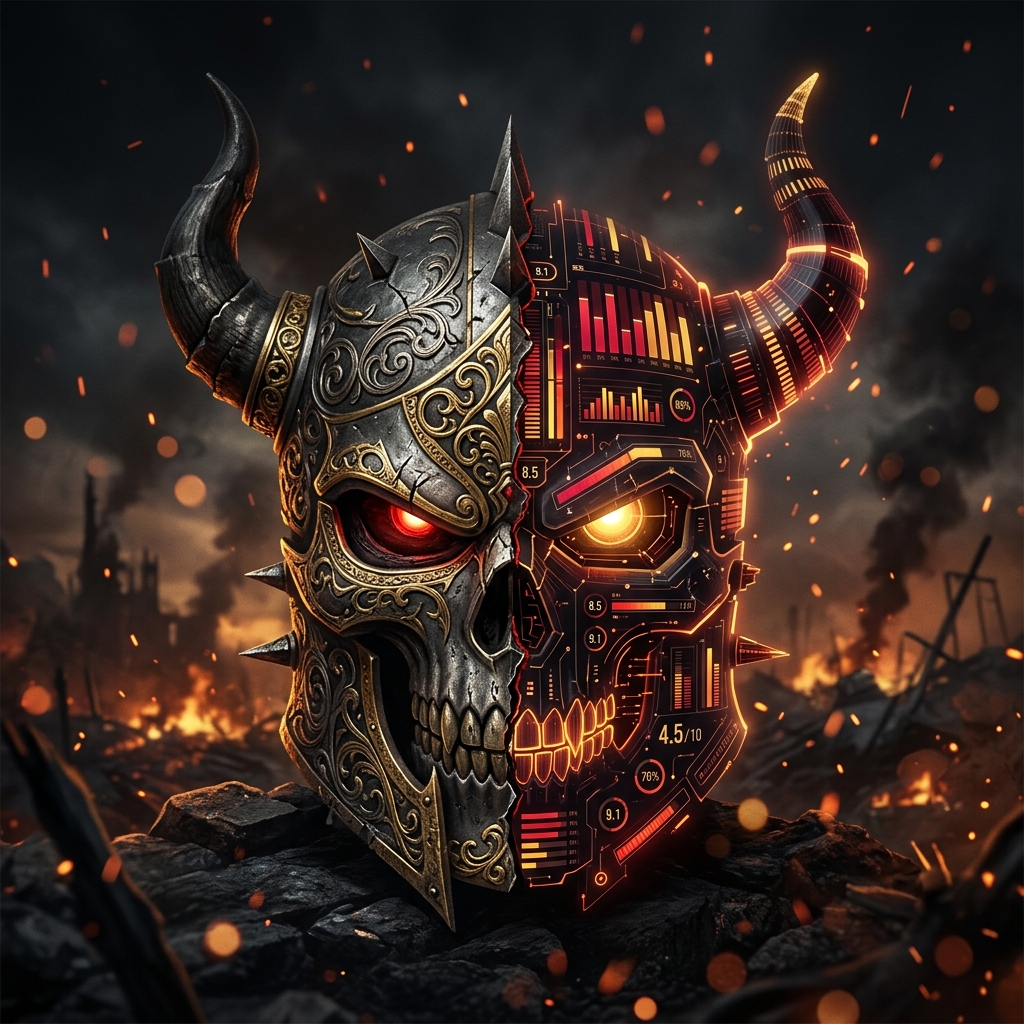 Split medieval demon skull helmet combining ancient stone gothic design with glowing digital review score visualizations against a dark ember-filled battlefield background