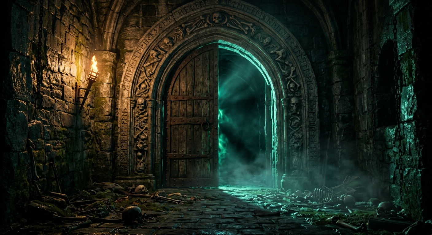 A massive ancient stone dungeon door stands ajar, glowing with eerie bioluminescent light that spills across moss-covered cobblestones littered with scattered bones, hinting at the dangers lurking within the shadowy crypt beyond.