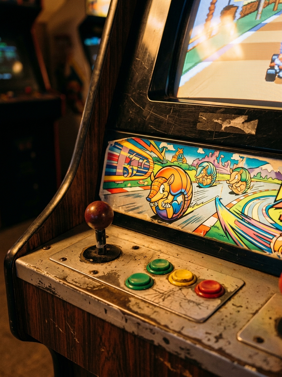 Close-up of the 1997 Namco Armadillo Racing arcade cabinet showing the control panel and screen bezel with colorful armadillo artwork under warm amber cabinet lighting