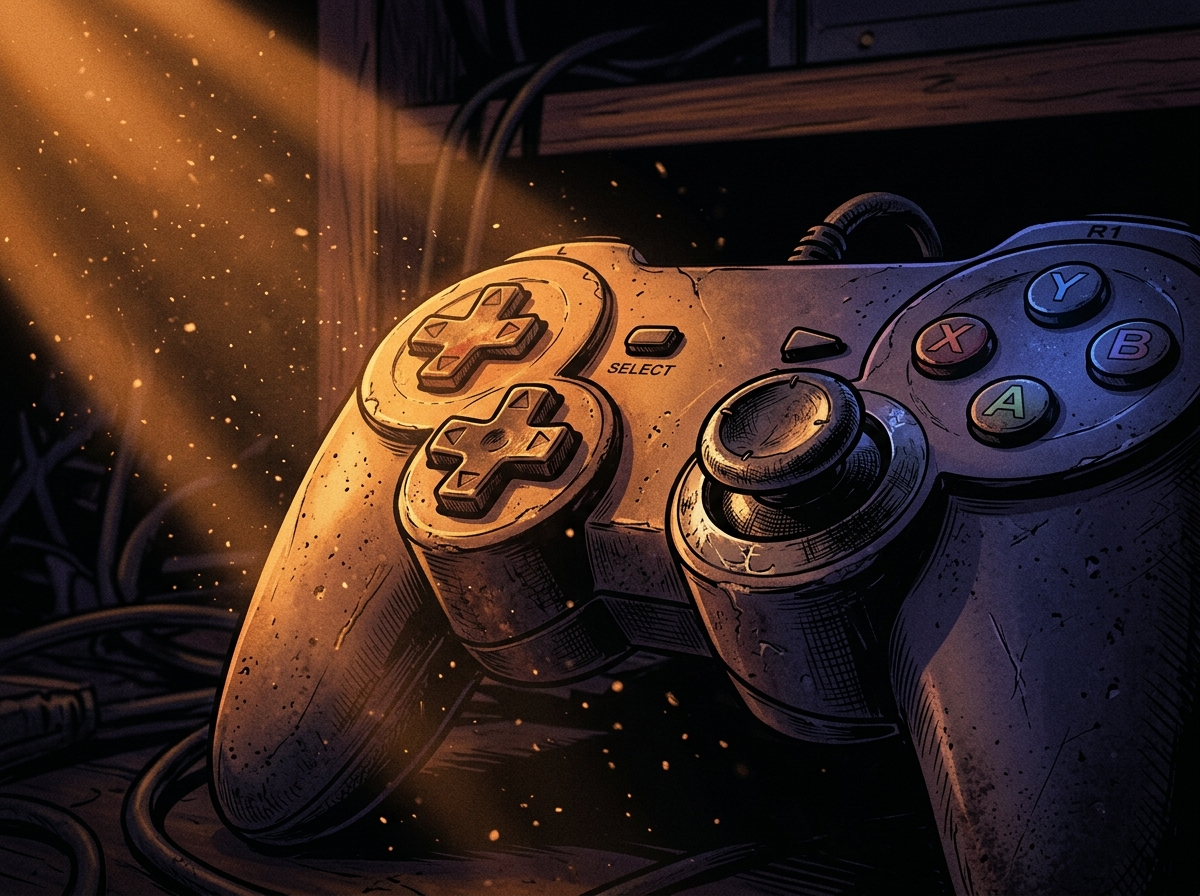 A vintage game controller caught between shadow and dramatic light, representing the tension between nostalgia and a new era in gaming.