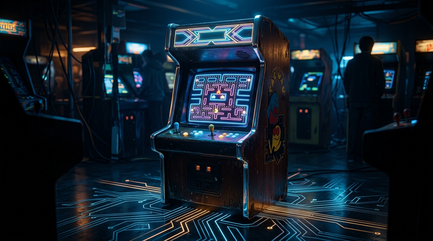 A glowing retro arcade cabinet displaying a modernized maze game sits dramatically in a dark room, its chrome edges reflecting futuristic circuit patterns on the floor, symbolizing the collision of gaming's past and future.