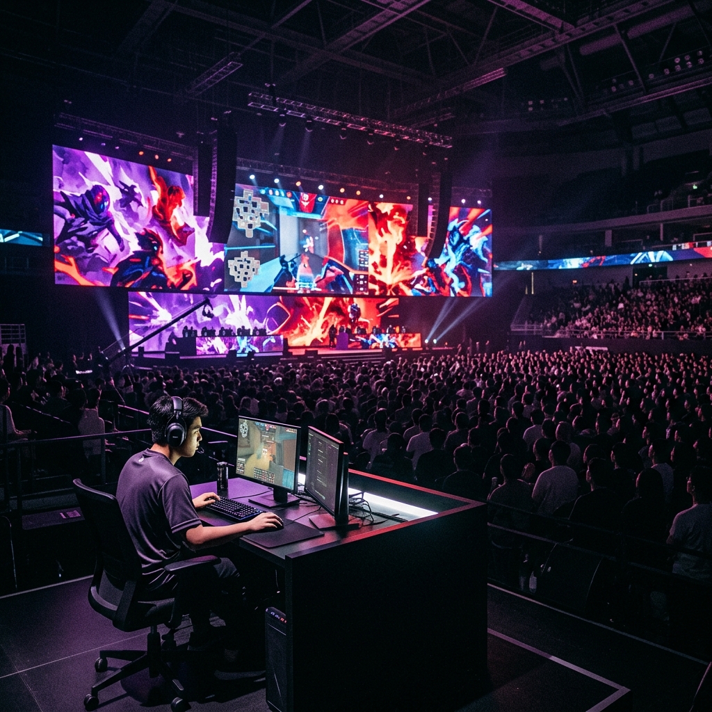 A lone Southeast Asian esports player sits at a lit monitor in a massive Seoul arena, dwarfed by glowing LED screens and a packed crowd, visually isolated from the spectacle surrounding him.