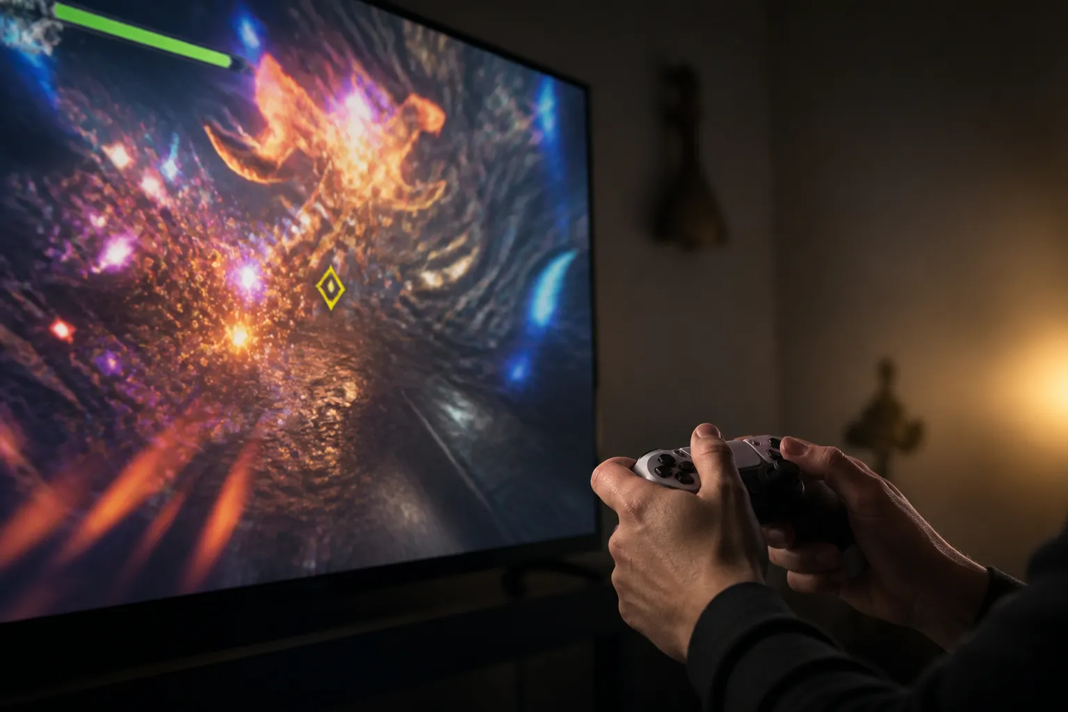 A gamepad held in soft light before a busy game screen full of swirling effects, with a clear high-contrast marker and health bar still standing out amid the visual noise.