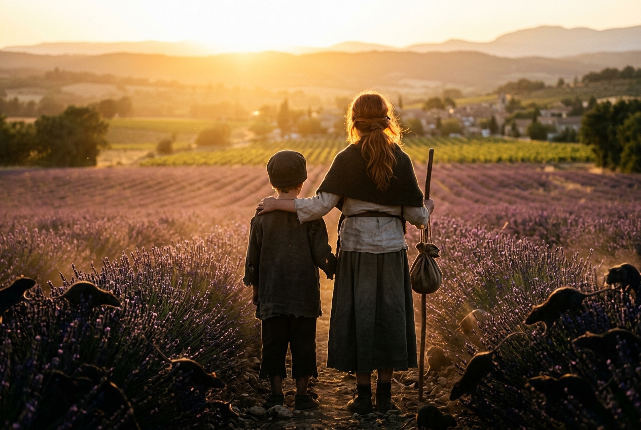 Silhouettes of a teenage girl and young boy embracing against a golden sunset over a lavender field, dark shadows encroaching at the edges