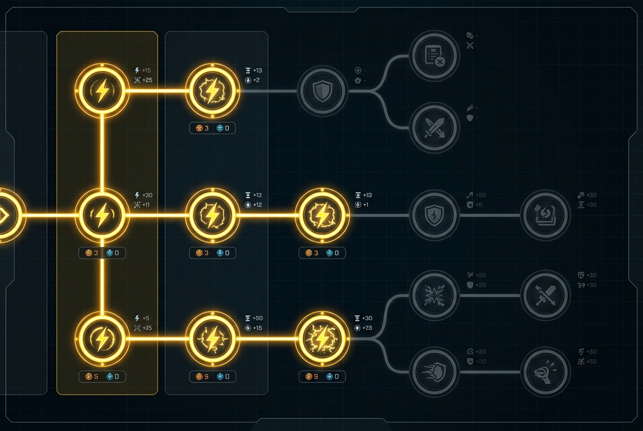 The GoAndZap upgrade tree with the primary zap multiplier path glowing through tier three in electric yellow, while mid-game branching upgrade nodes remain dim and unpurchased on the right side of the screen