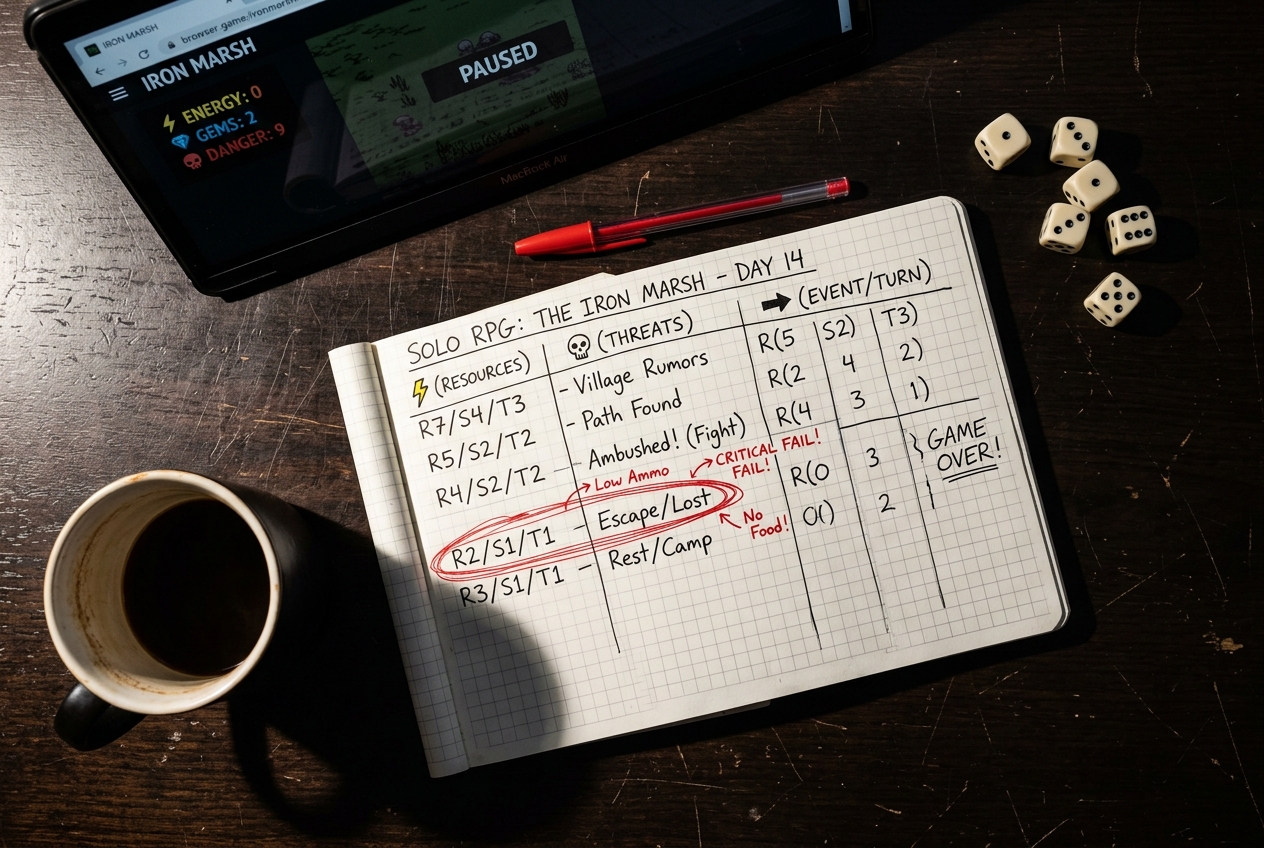 Overhead view of a handwritten game-run log with one decision circled in red, surrounded by dice and a paused browser game on a laptop, proving how a single tracked choice reveals the turning point