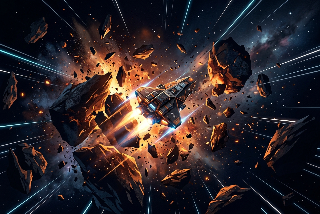 A tiny spaceship surrounded by shattering asteroid fragments in deep space, glowing debris illuminating the tension of arcade-style space combat
