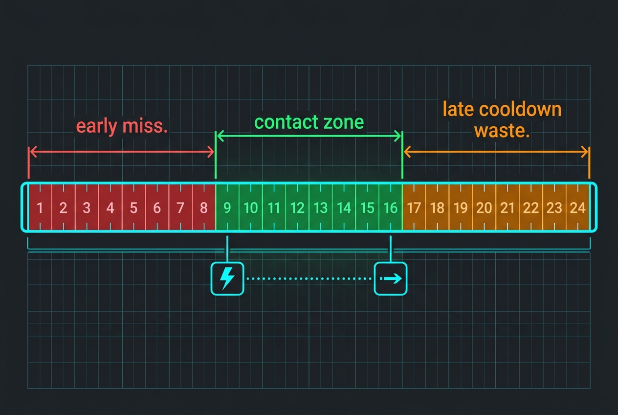 Annotated frame-by-frame timing diagram showing the zap-dash contact window highlighted in green between early and late miss zones on a dark background with neon accents.