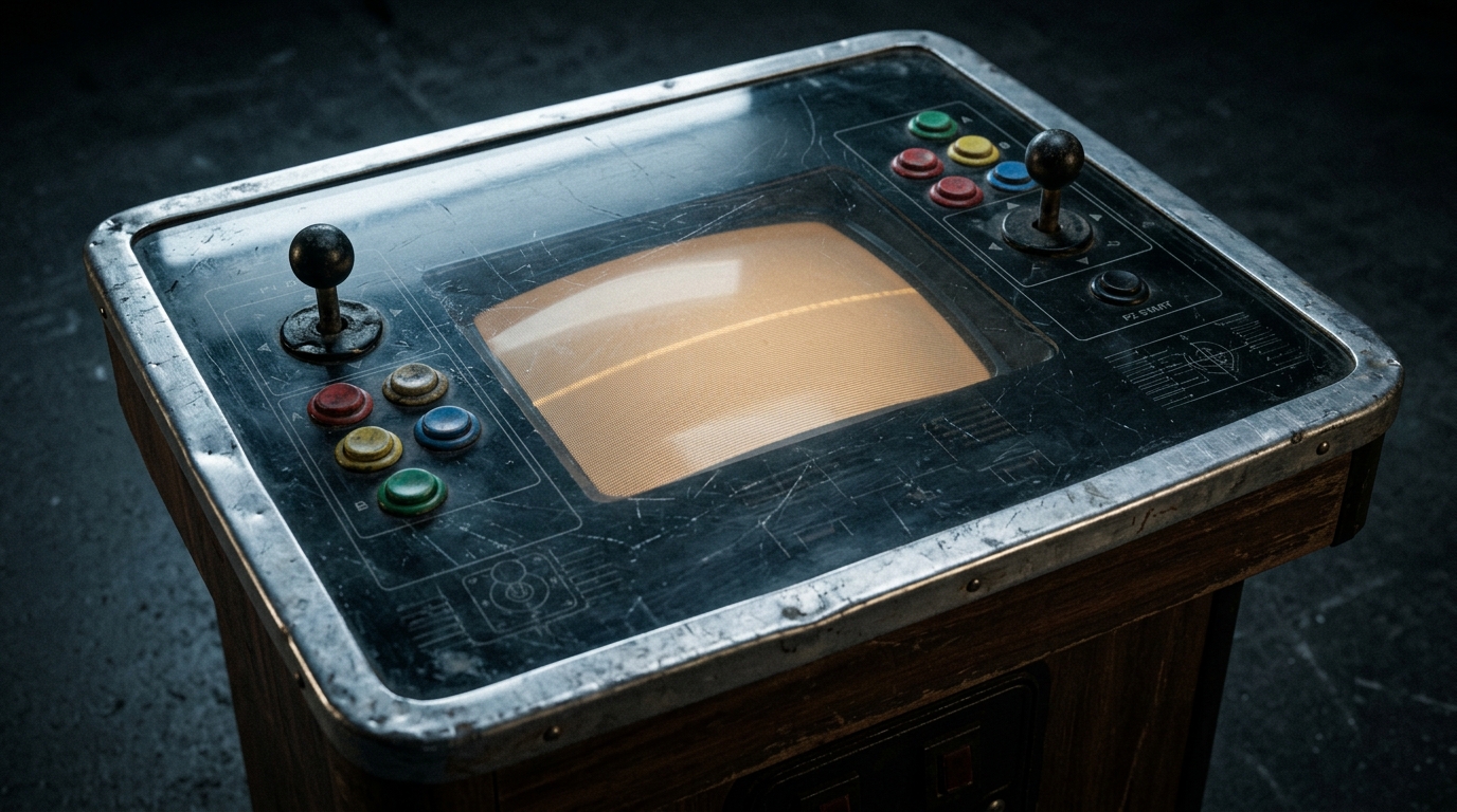 A vintage cocktail arcade cabinet photographed from above and slightly to the side under LED raking light, revealing silk-screened part numbers on the glass top, dual joystick-and-button control clusters facing each other, and a faintly glowing CRT beneath scratched tempered glass