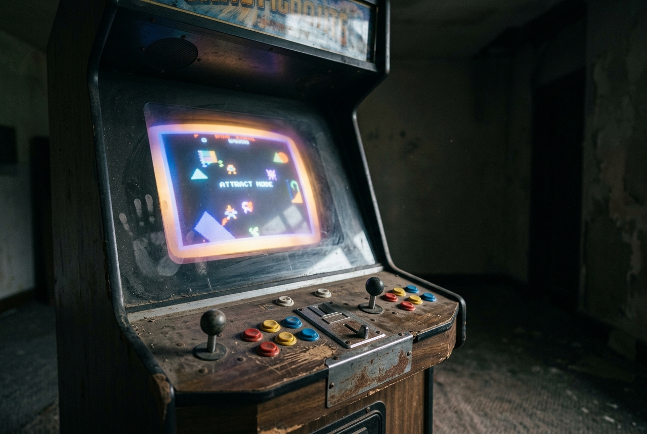 A lone vintage arcade cabinet glows in an empty darkened room, its screen casting soft colored light across worn controls and a faded coin slot, a quiet relic of a lost social era.