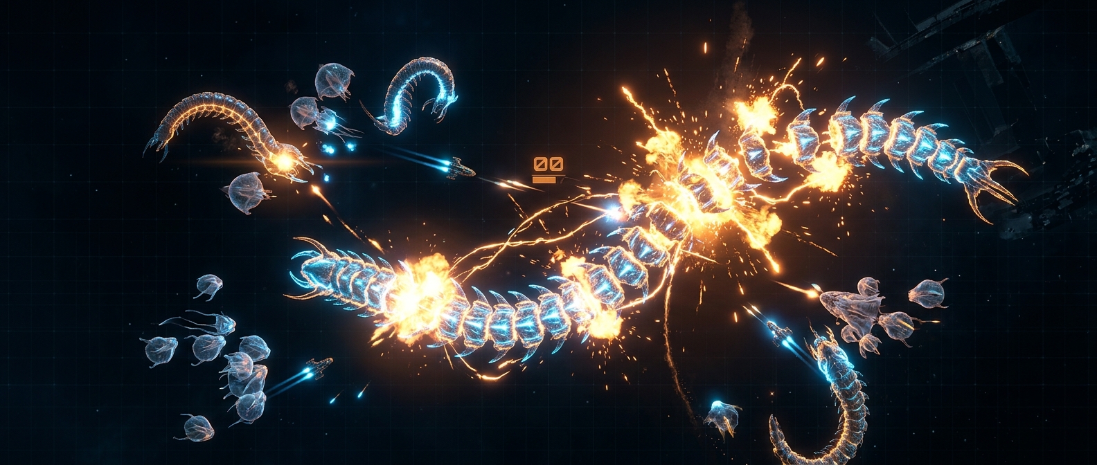 A cross-creature chain in progress during a Serpentoid and Drifter cluster encounter, showing glowing amber segment destruction mid-chain-window in a dark sci-fi arcade shooter environment