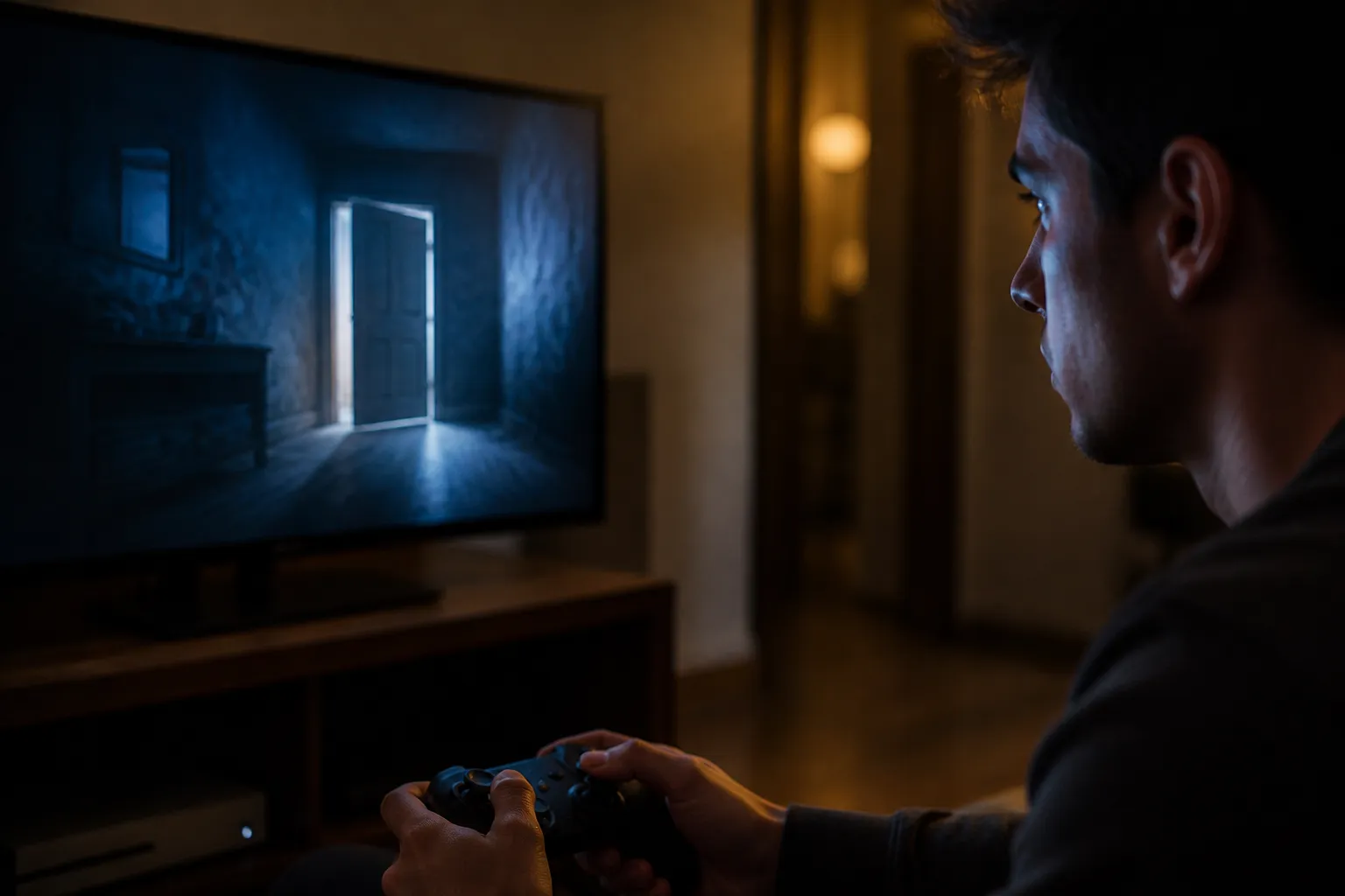 A player's hand rests on a game controller in a dim room while a soft reflection of an opening doorway glows on the television screen.