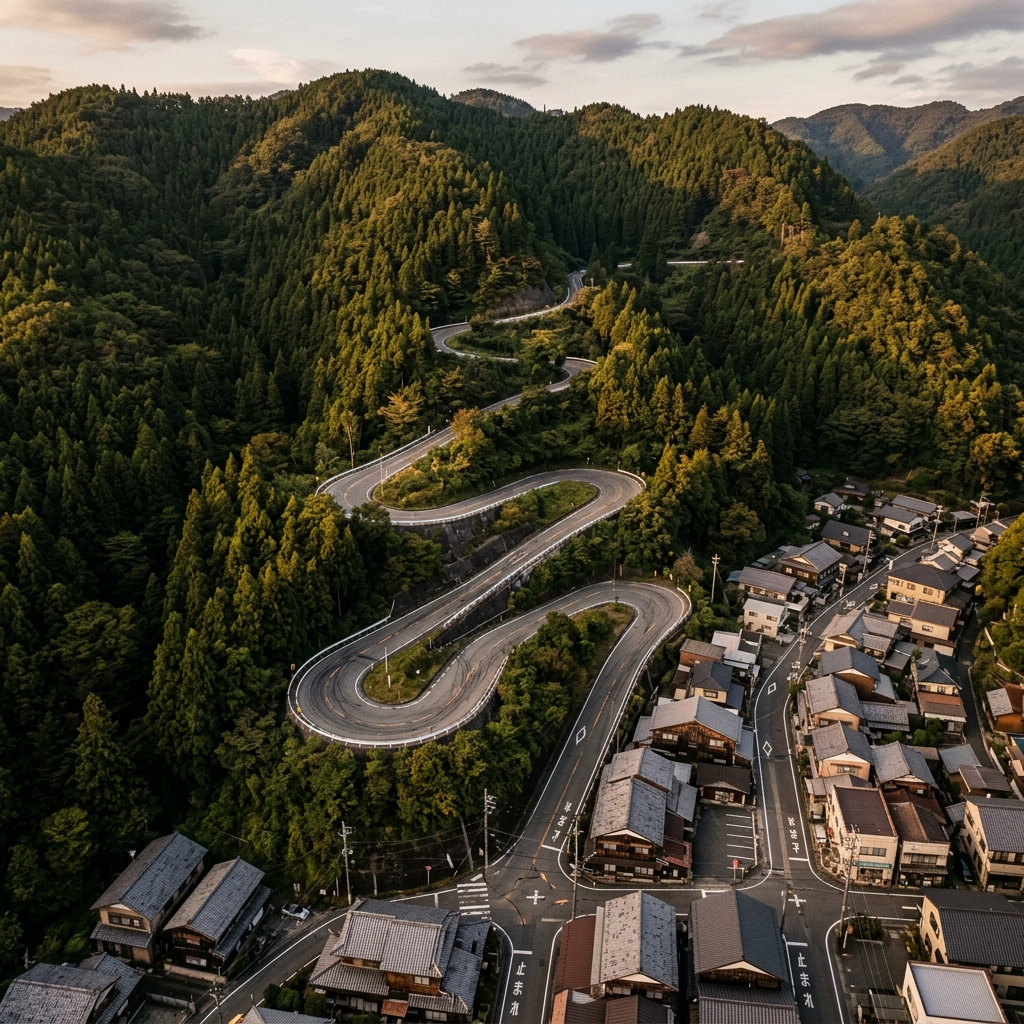 Winding Japanese mountain road transitioning into a dense urban street grid, viewed from above at golden hour