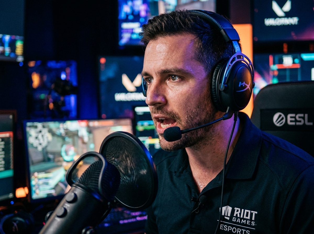 A professional esports broadcaster speaks intensely into a microphone inside a glowing broadcast studio lit with blue and purple RGB light
